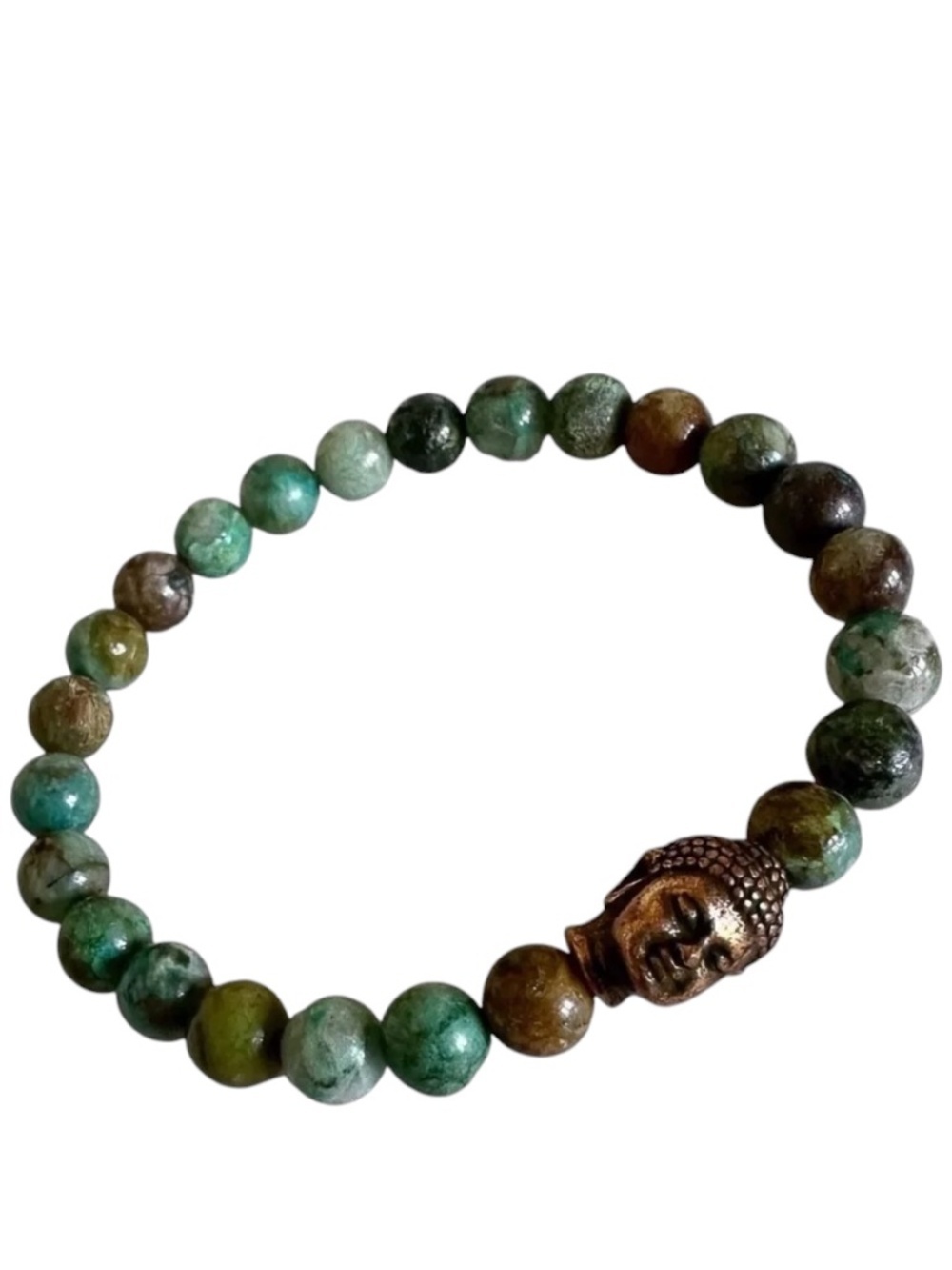 Chrysocolla Buddha Bracelet | 6mm Mixed Beads | Antiqued Bronze | Stretch Fit